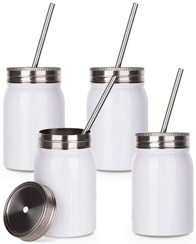 4pk 17 OZ Wide Mouth White Stainless Steel mason Jar with Lid and Metal Straw
